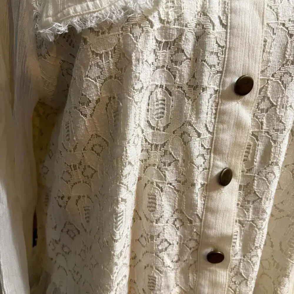 Baccini White Denim Western Jacket with Lace and Ruffle Detail